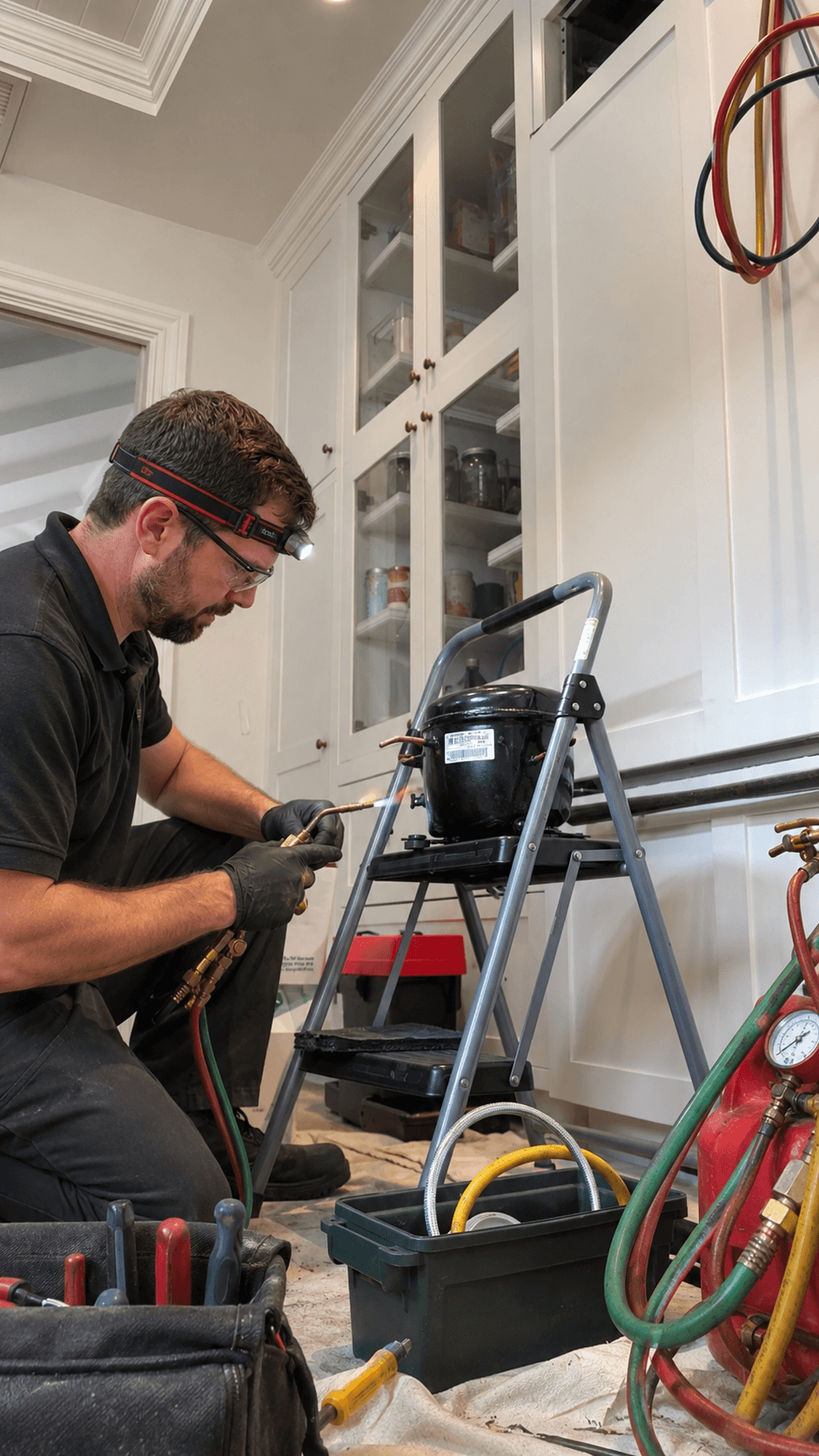 Technician repairing a Sub-Zero appliance